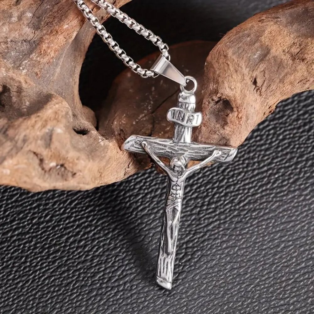925 Silver Mens 24" Chain Link Cross Crucifix Necklace Guys Christian Jewelry